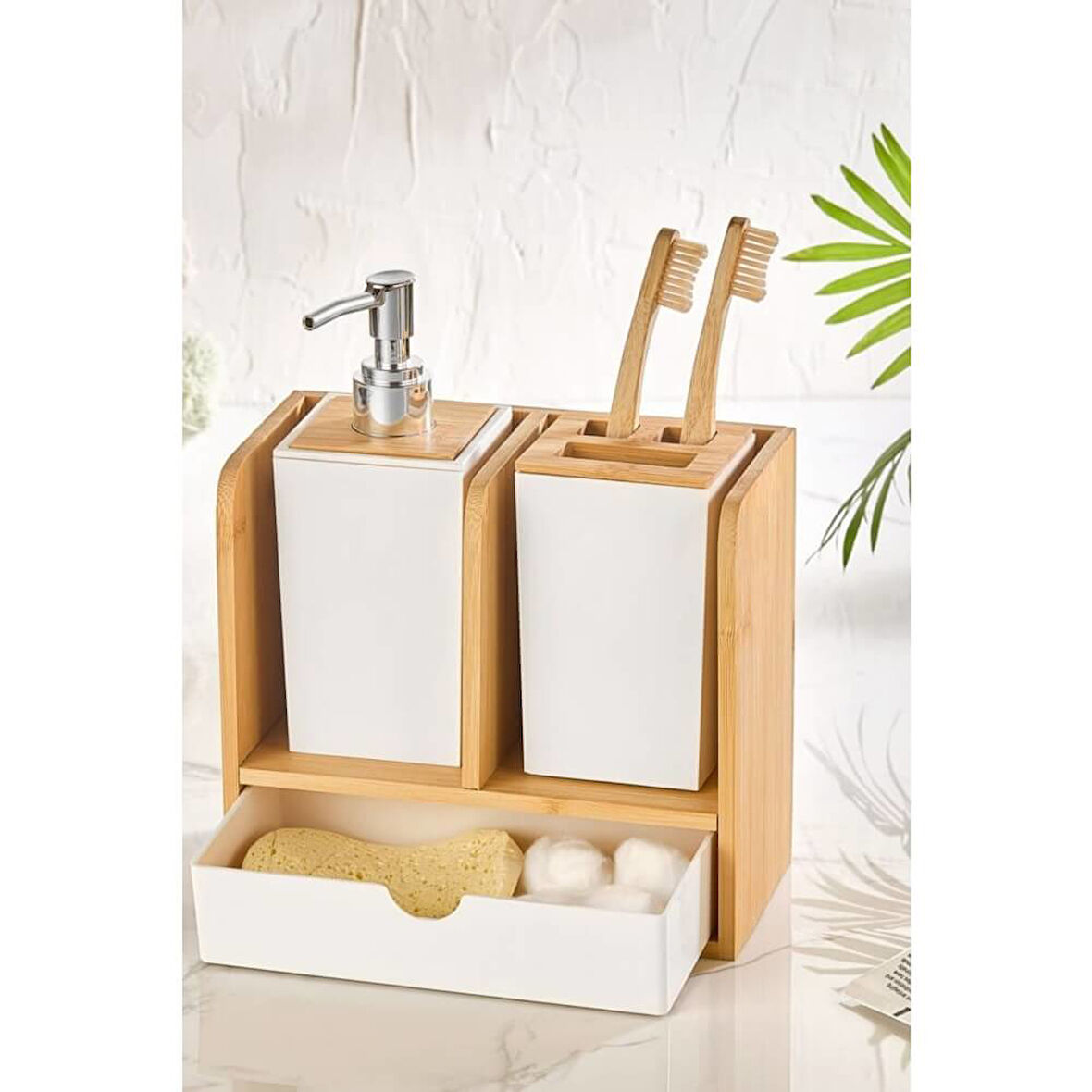 Piev Standlı Çekmeceli Bambu Sabunluk Diş Fırçalık