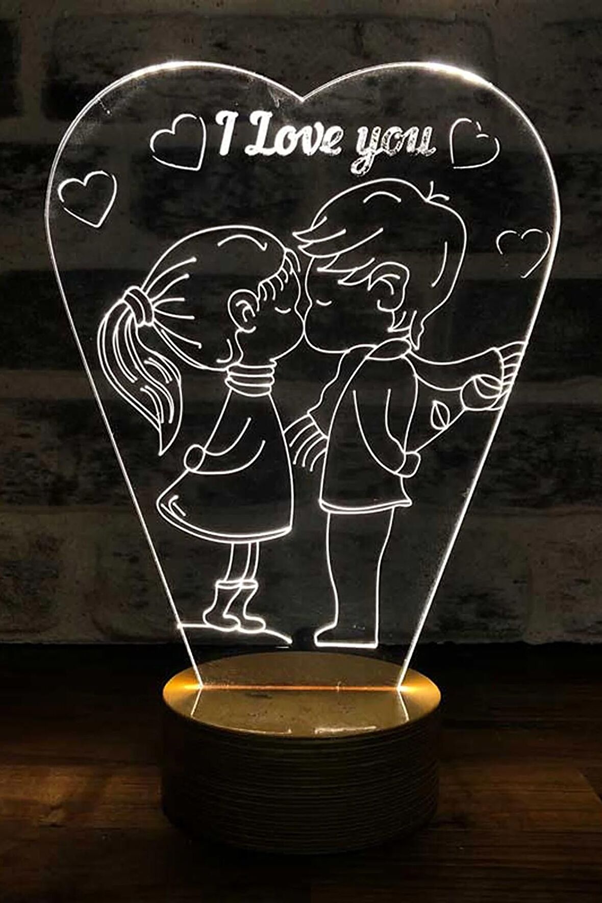 Aşık Çift Led Masa Lambası Ahşap Taban 7 Farklı Işık Renkli Sevgiliye Hediye Dekoratif Aydınlatma