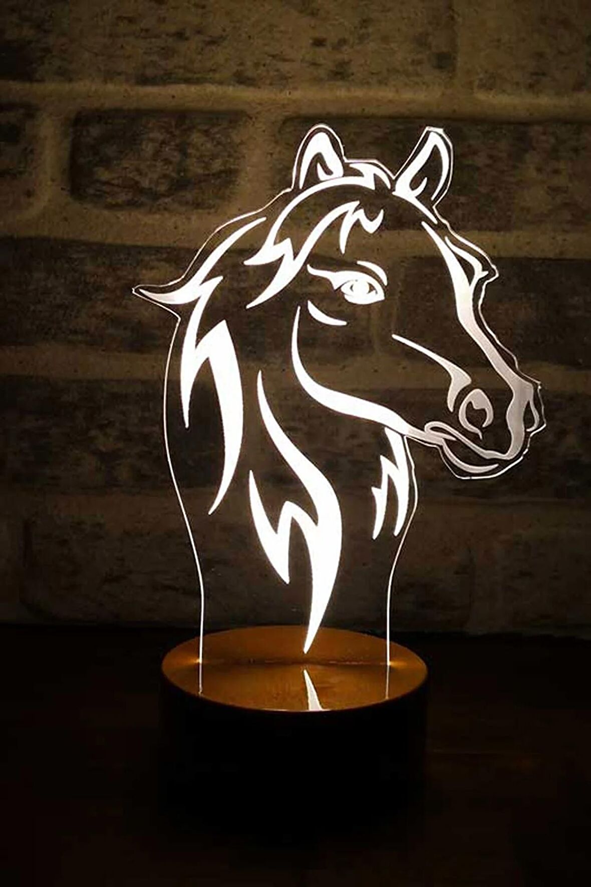 At Büstü Led Masa Lambası Ahşap Taban 7 Farklı Işık Renkli Gece Lambası Hediye Dekoratif Aydınlatma