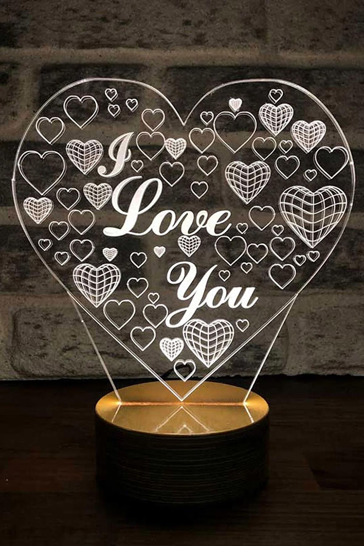 Kalp I Love You Led Masa Lambası Ahşap Taban 7 Farklı Işık Renkli Gece Lambası Dekoratif Aydınlatma