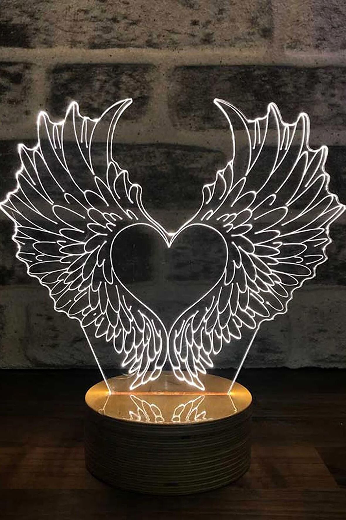 Kanatlar Led Masa Lambası Ahşap Taban 7 Farklı Işık Renkli Gece Lambası Hediye Dekoratif Aydınlatma