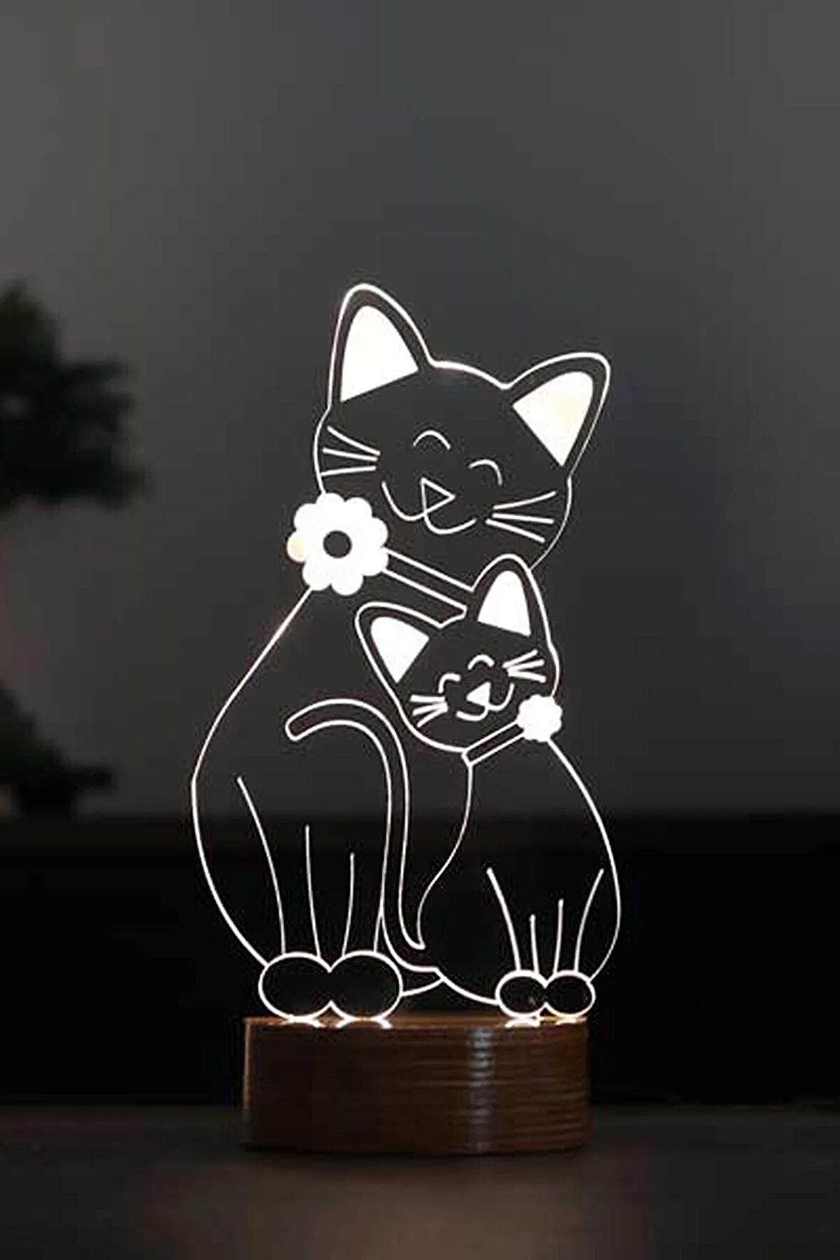 Kedi Ailesi Led Masa Lambası Ahşap Taban 7 Farklı Işık Renkli Hediye Dekoratif Aydınlatma