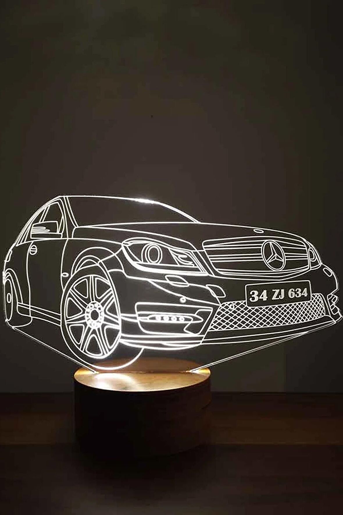 Mercedes Led Masa Lambası Ahşap Taban 7 Farklı Işık Renkli Gece Lambası Hediye Dekoratif Aydınlatma