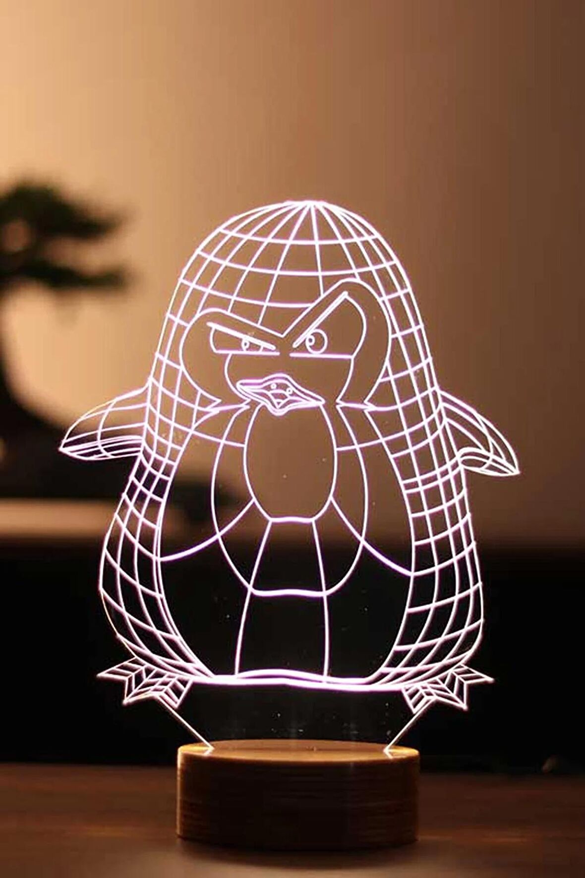 Penguen Figürlü Dekoratif Hediye Led Masa Lambası | 7 Işık Rengi | Ahşap Taban