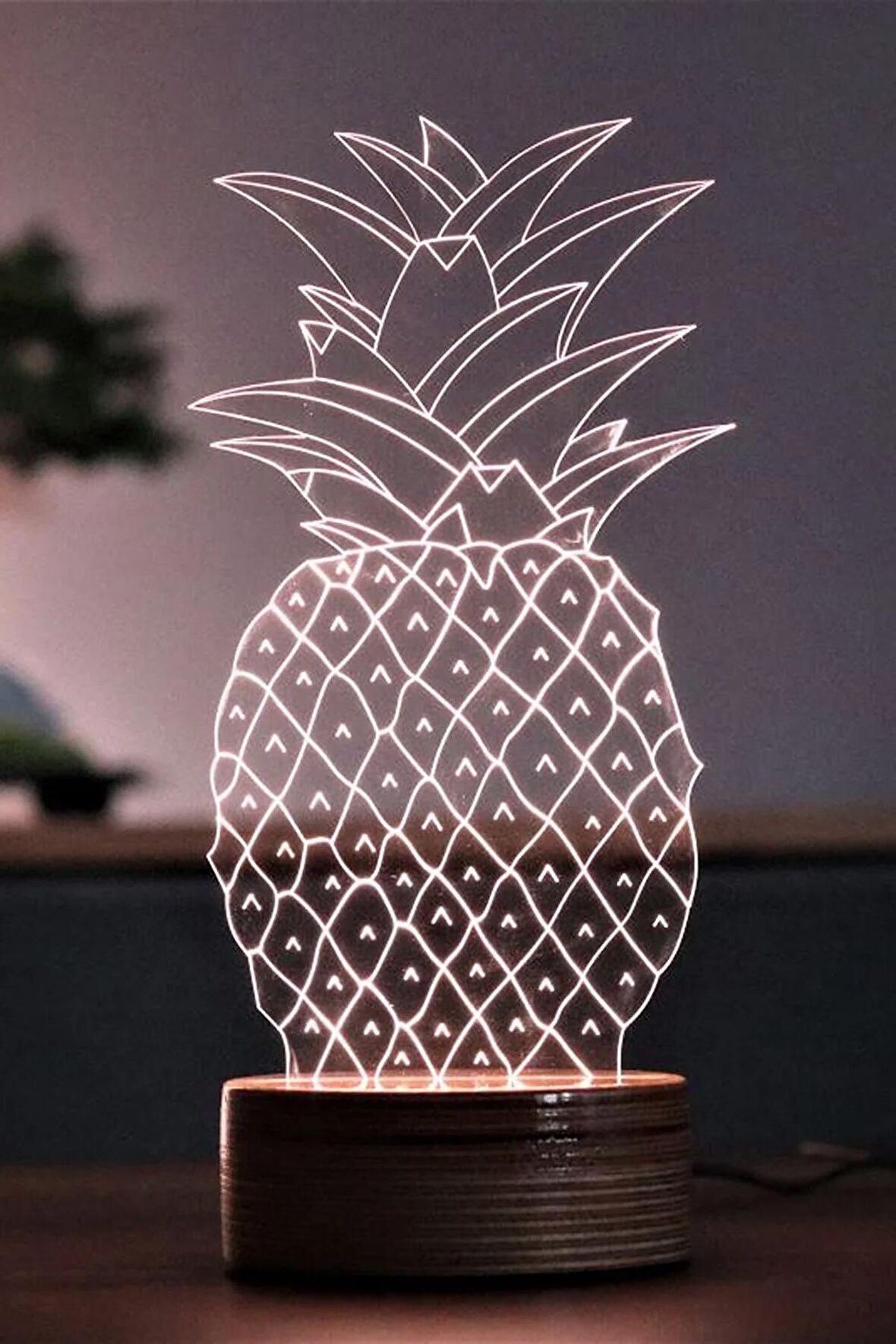 Pineapple Figürlü Dekoratif Hediye Led Masa Lambası | 7 Işık Rengi | Ahşap Taban