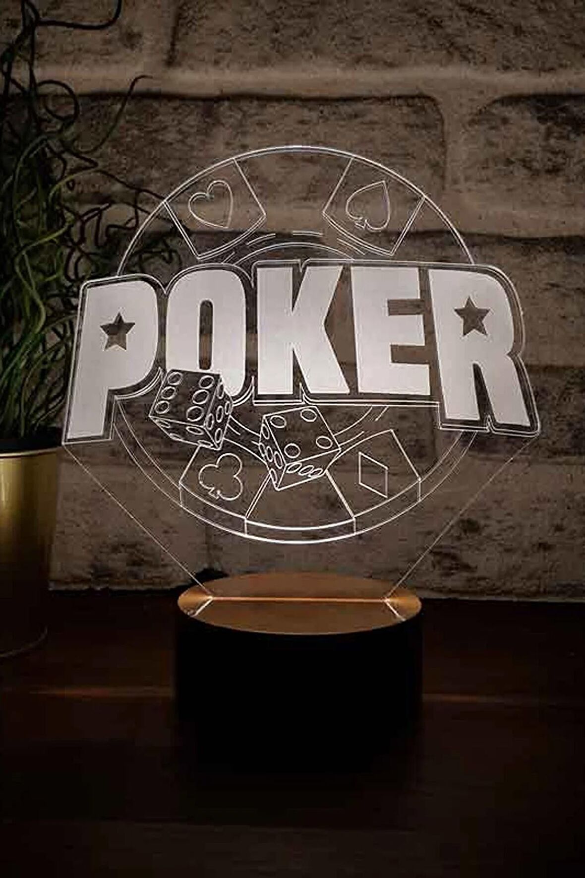 Poker Figürlü Dekoratif Hediye Led Masa Lambası | 7 Işık Rengi | Ahşap Taban