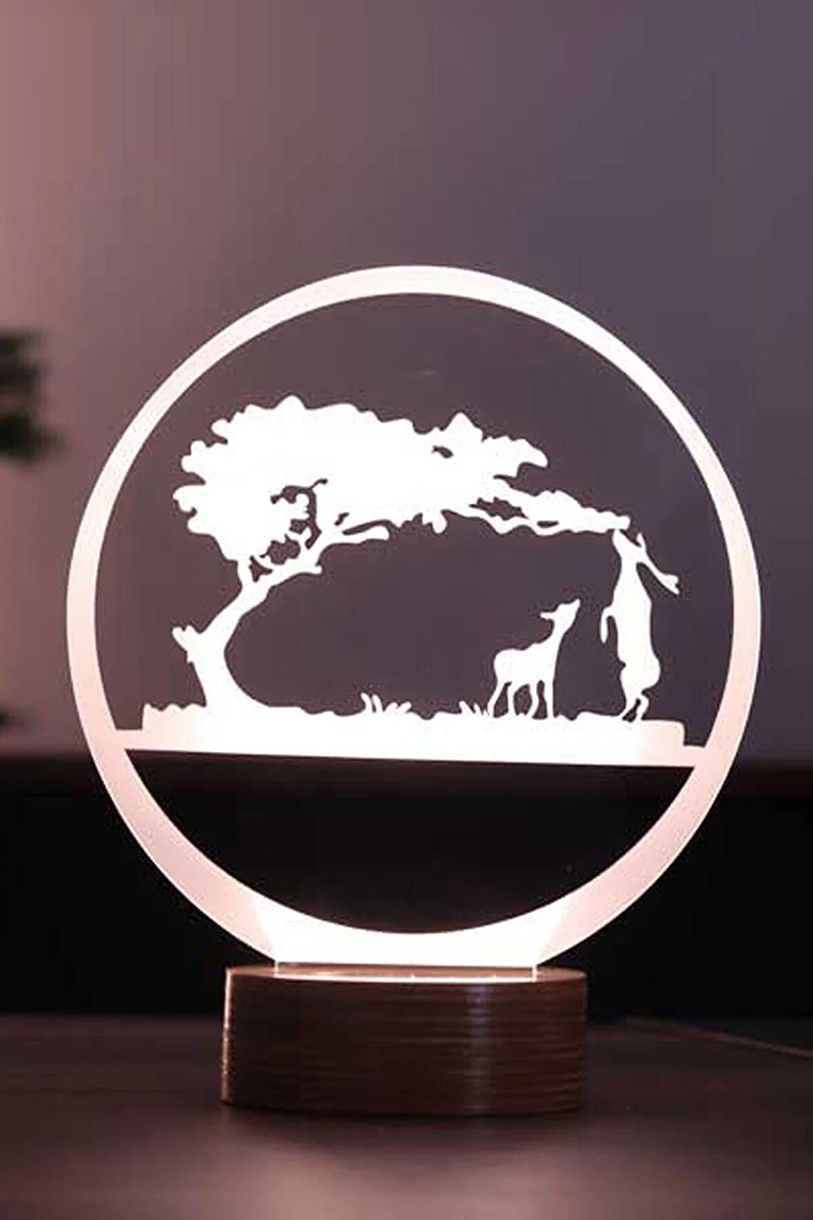 Safari Figürlü Dekoratif Hediye Led Masa Lambası | 7 Işık Rengi | Ahşap Taban