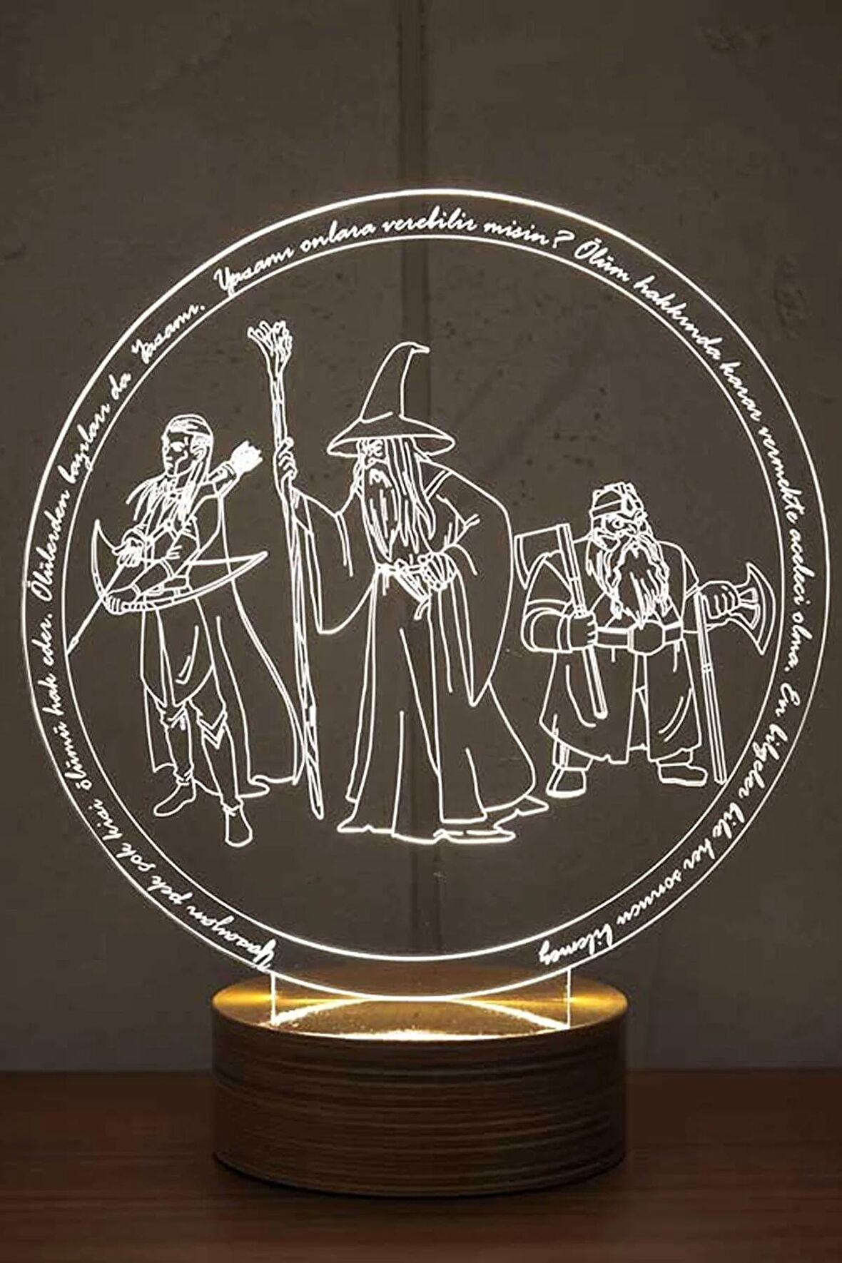 Gandalf Gimli Legolas Figürlü Dekoratif Hediye Led Masa Lambası | 7 Işık Rengi | Ahşap Taban