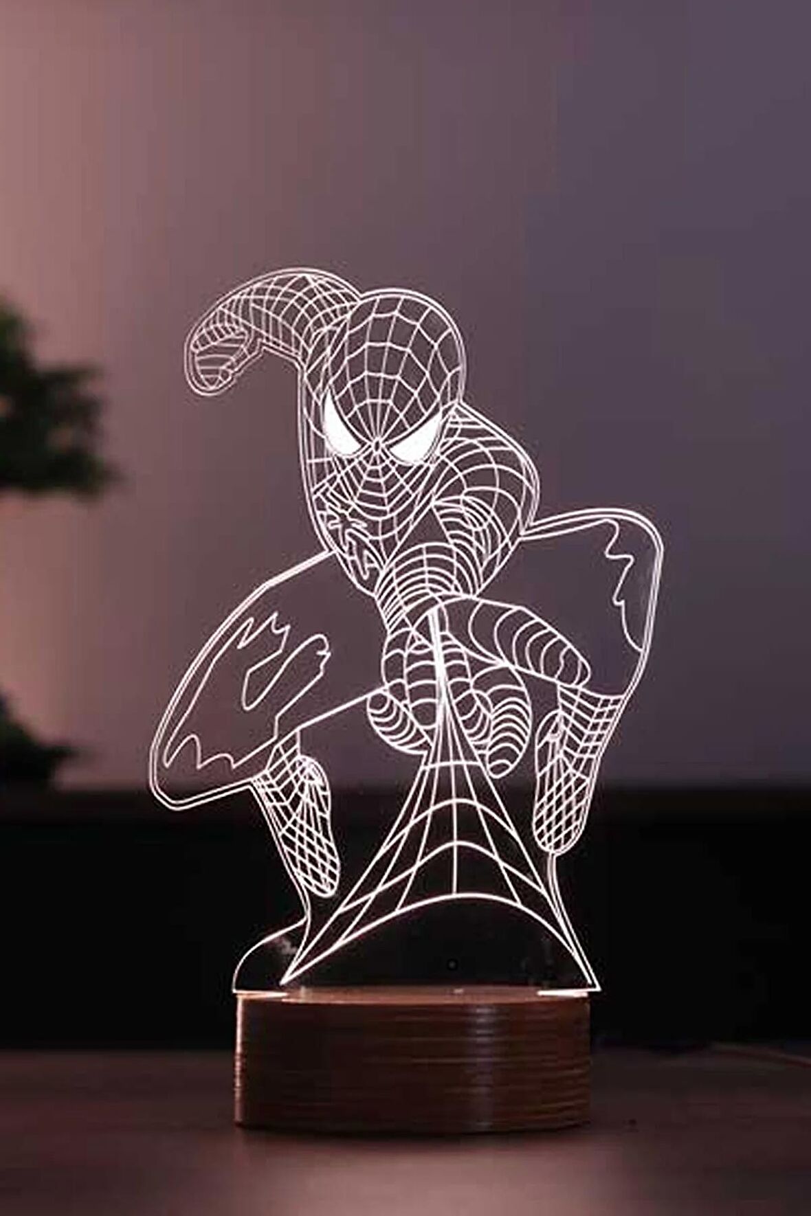 Spiderman Figürlü Dekoratif Hediye Led Masa Lambası | 7 Işık Rengi | Ahşap Taban