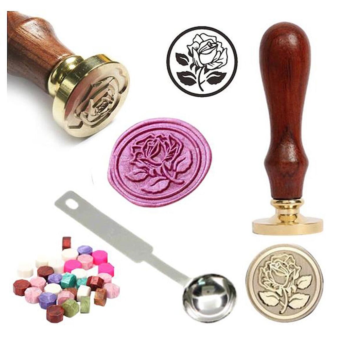 Mektup Damga Mühürü Elegant Rose + 30 Mühür Mumu + Eritme Kaşığı
