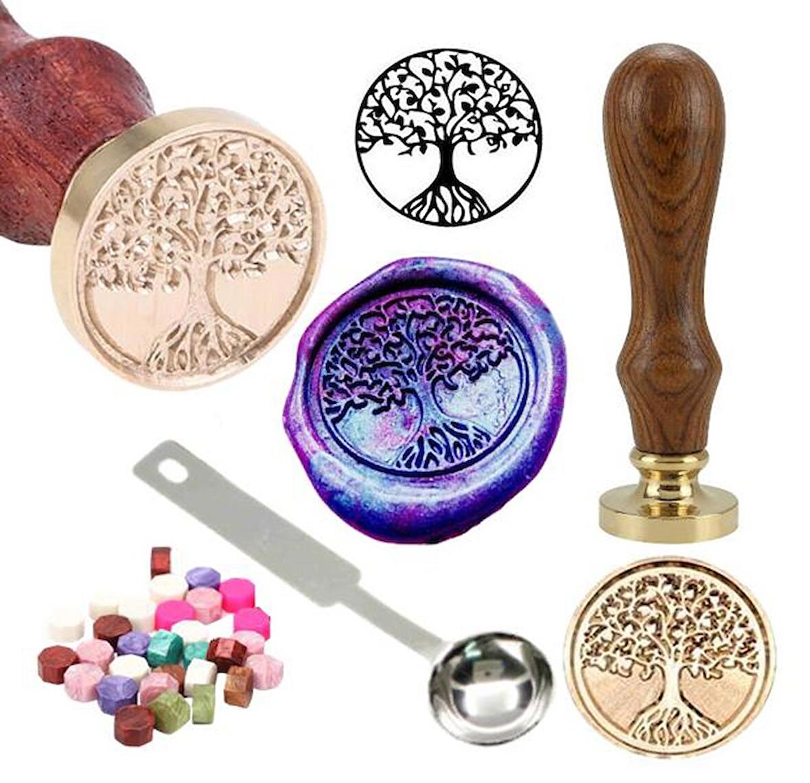 Mektup Damga Mühürü Hayat Ağacı + 30 Mühür Mumu + Metal Kaşık