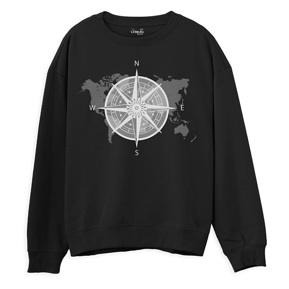 Compass Map  Baskılı Siyah Sweatshirt