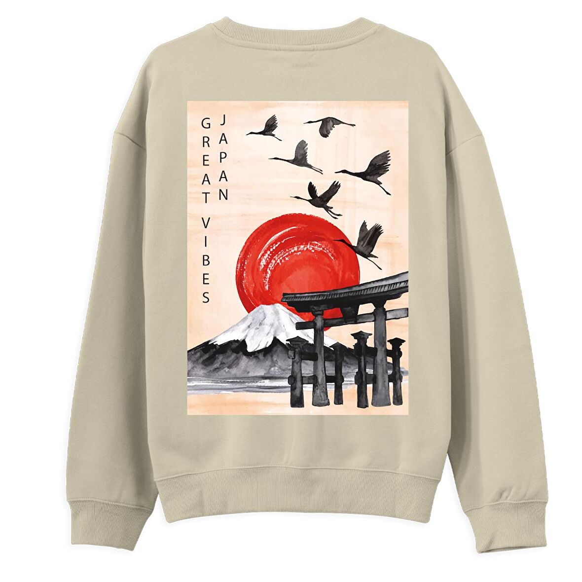 Japan Sırt Baskılı Sweatshirt-Krem