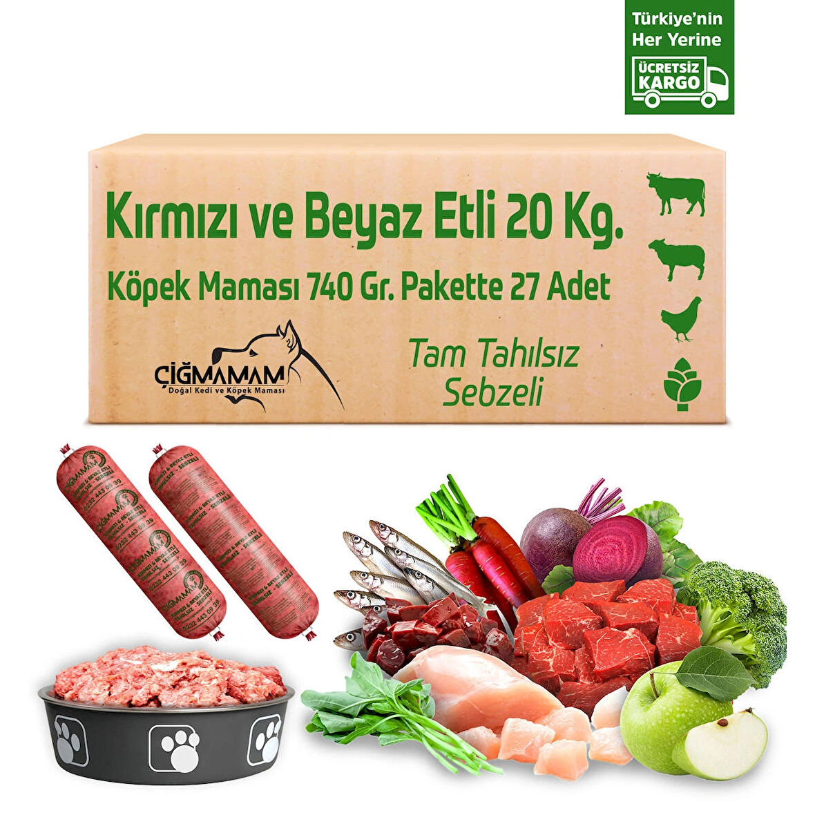 Kırmızı ve Beyaz Etli Tahılsız 20 Kg 740 Gr 27 Adet Çiğmamam Barf Köpek Maması