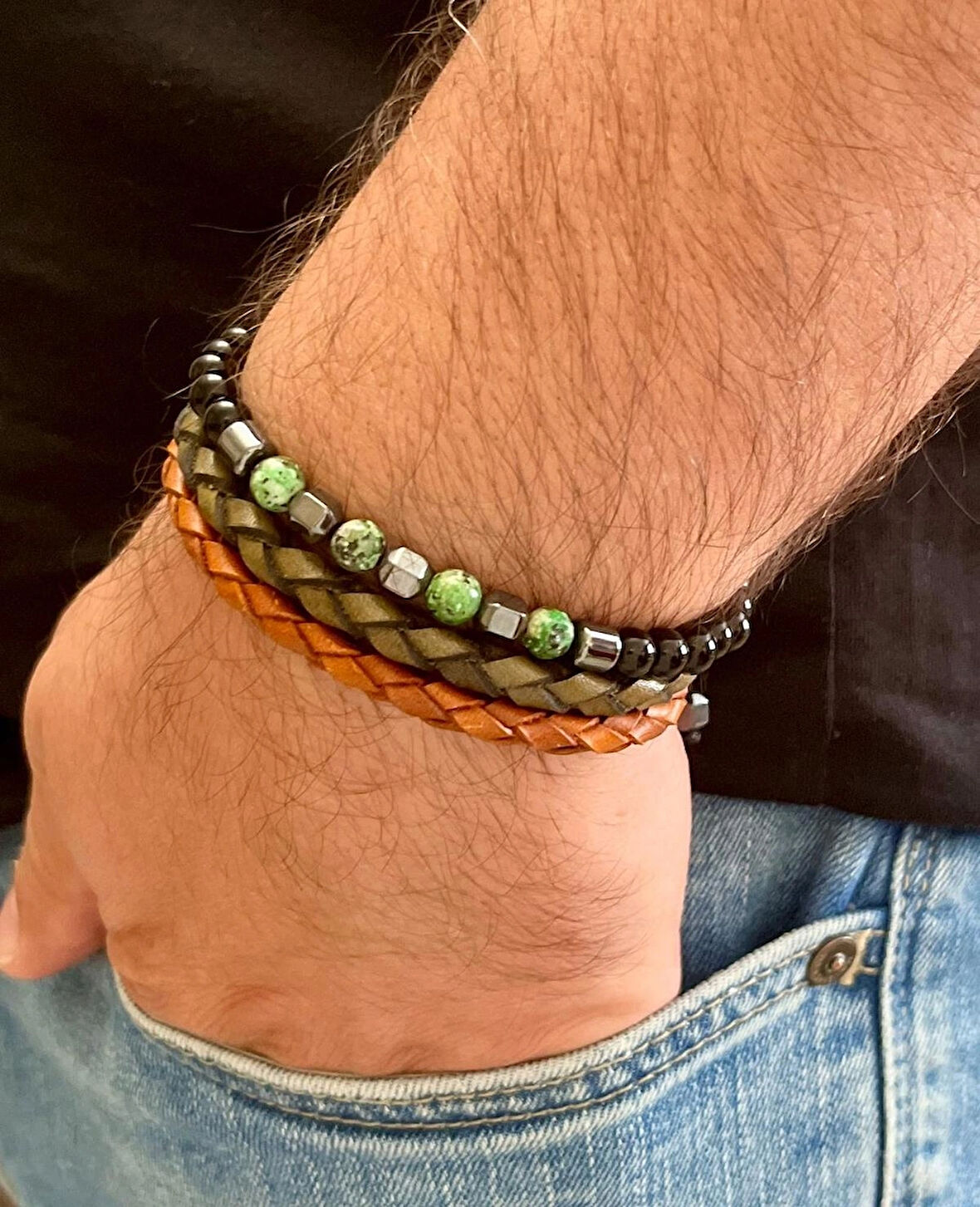 %100 Deri&Hematit Kombinli 3lü Erkek Bileklik Set 21 cm (Türk El Üretimi)