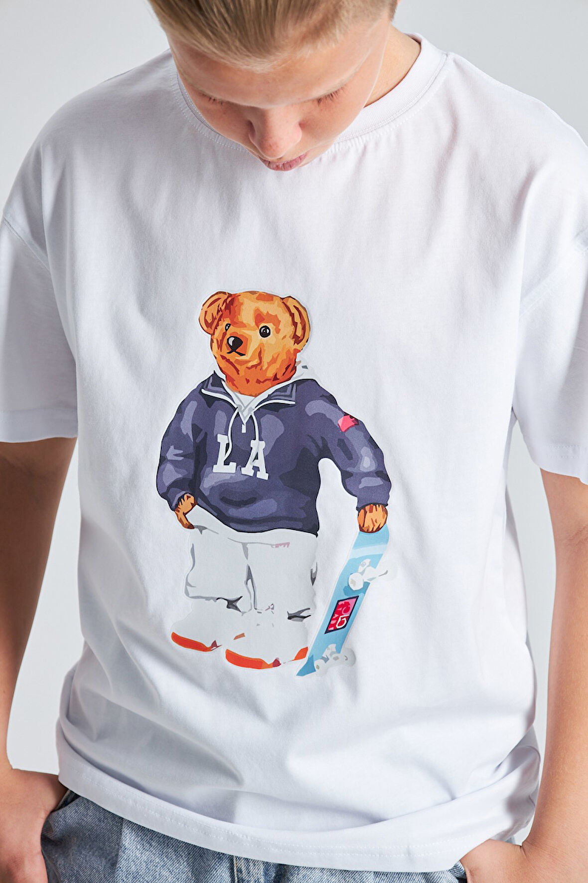 Teddy Bear Kaykay Tasarım  Baskılı %100 Pamuk Erkek Oversize Çocuk Tişört