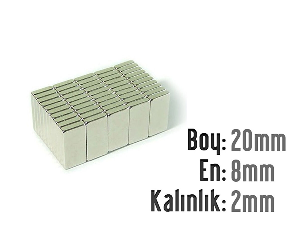Neodyum Mıknatıs Köşeli  20x8mm , Kalınlık 2 mm ( 3 Adet)