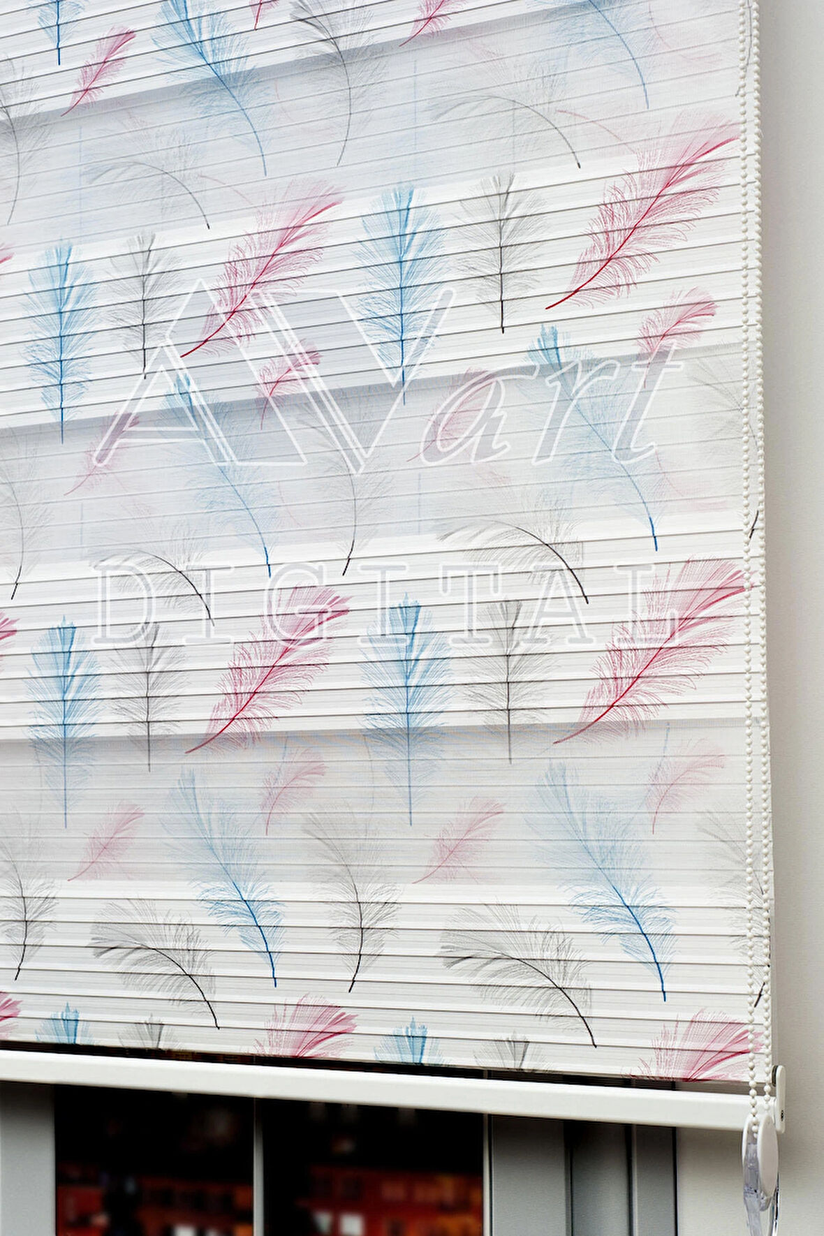 Renkli Kuş Tüyü Baskılı Zebra Perde - Colourful Feather - Dijital Baskılı Zebra Perde