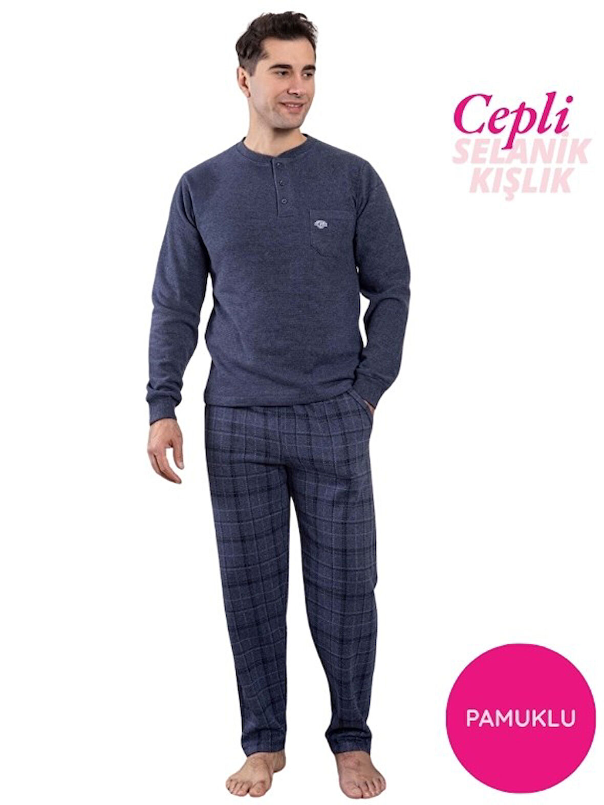 Erkek 3 Düğme Göğüs Cepli Kışlık Pamuklu Selanik Kumaş Uzun Manşetli Kol Cepli Pijama Takımı 