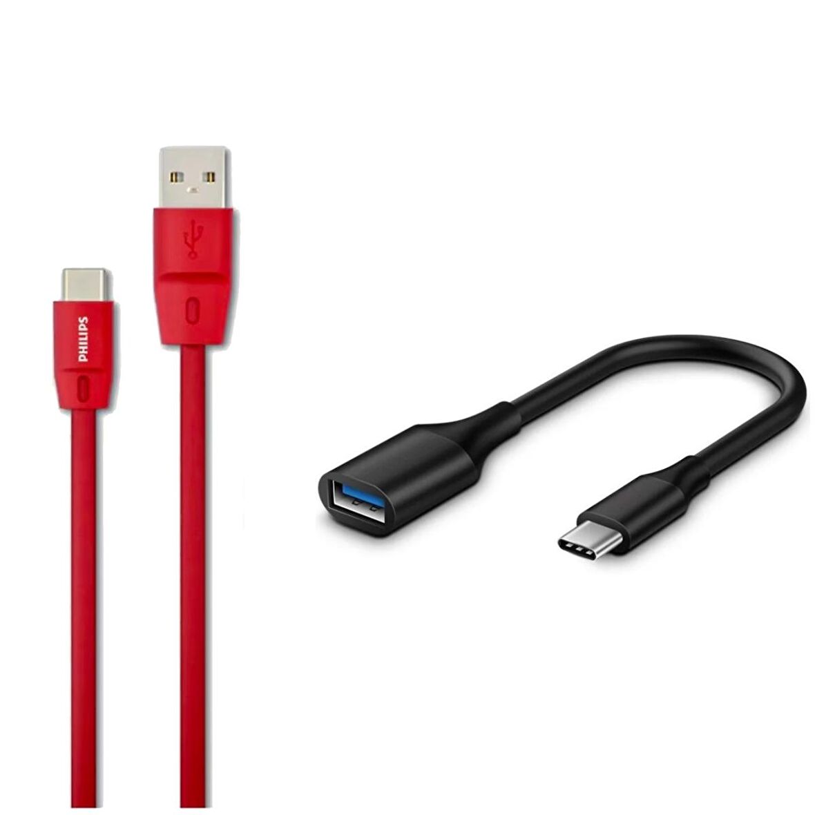 Philips 5A 100W UsbA to Type-C 1.8 M Hızlı Şarj ve Data Kablosu + ScHitec Type-C to UsbA 3.0 OTG Dönüştürücü Adaptör