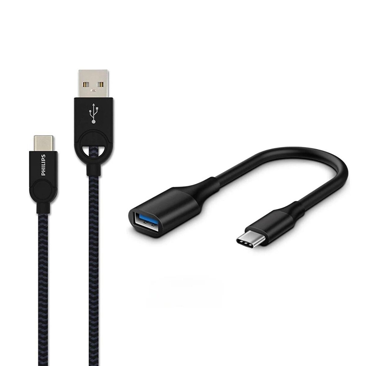 Philips 5A 100W UsbA to Type-C Örgülü 1.2M Hızlı Şarj Data Kablosu+ ScHitec Type-C to UsbA 3.0 OTG Dönüştürücü Adaptör