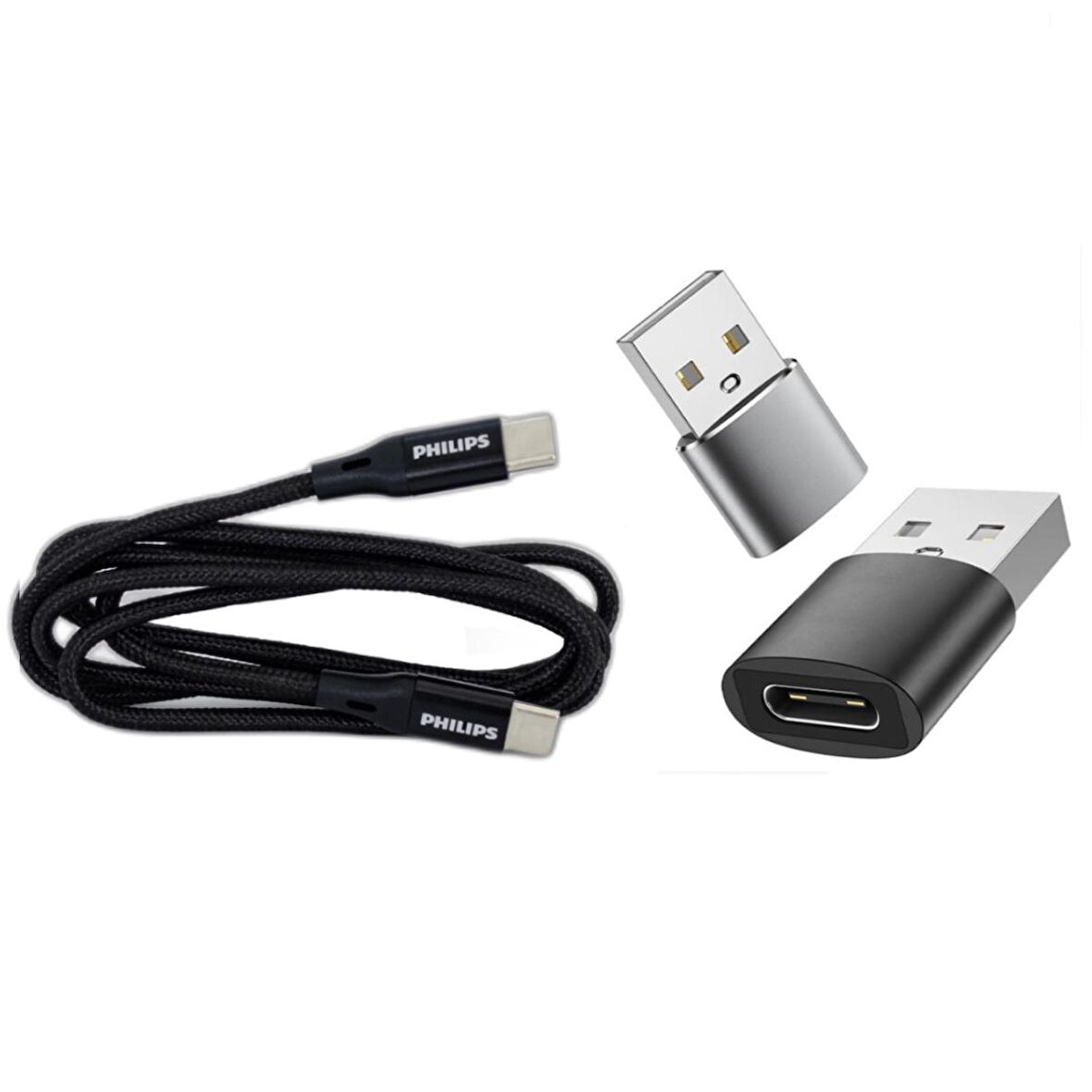 Philips 6A 100W Type-C to Type-C Örgülü Hızlı Şarj Kablo 1M + Winex UsbA to Type-C 3.1 Otg Çevirici Dönüştürücü Adaptör