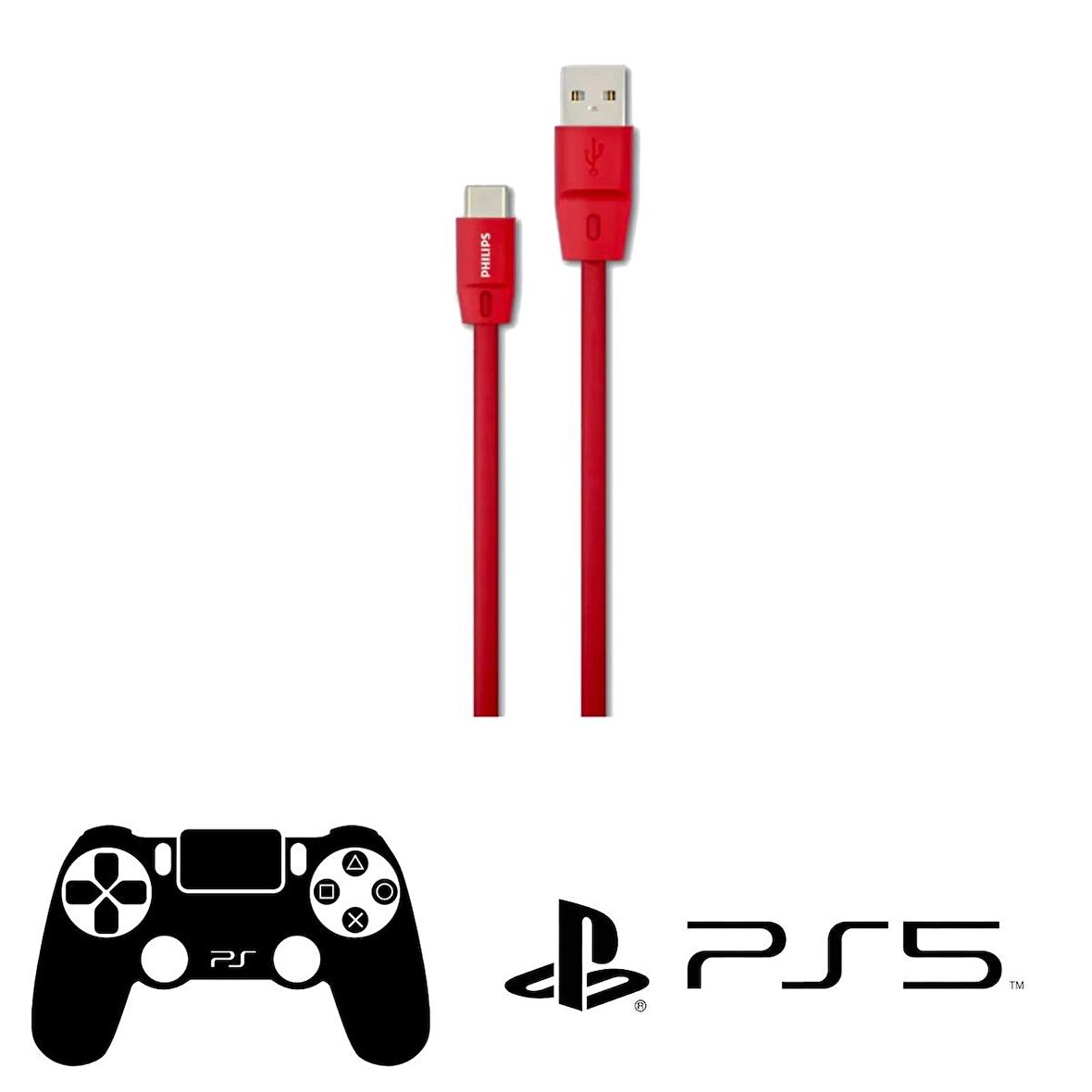 Philips Playstation 5 Uyumlu Joystick Şarj Kablosu 5A 100W UsbA to Type-C 1.8 M Hızlı Şarj Data Kablosu Kırmızı DLC2529C