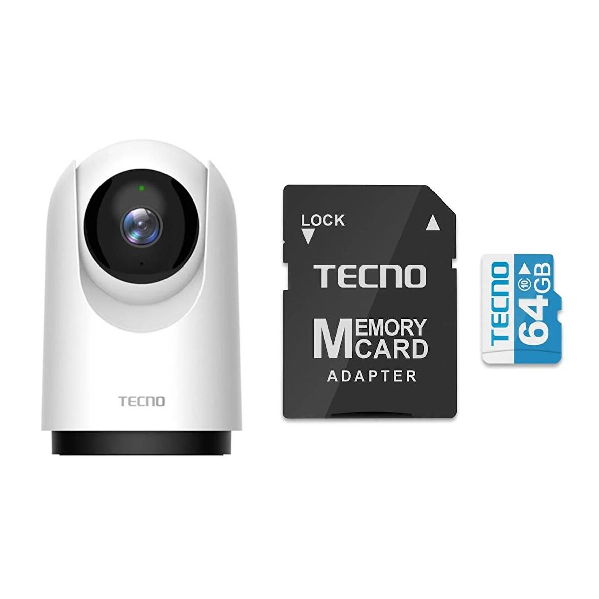 Tecno TH300 3MP 2K Ultra HD 360° Kablosuz Wifi Güvenlik Kamerası + Tecno 64Gb 100Mb/s Micro Sd Hafıza Kartı ve Adaptörü