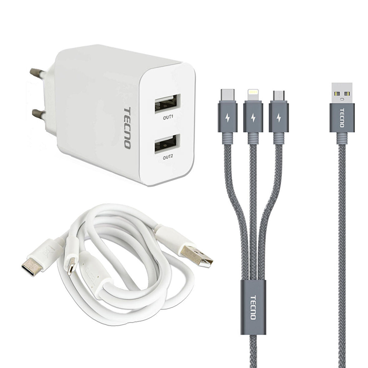 Tecno Casper Via A40 İle Uyumlu Çift UsbA & Type-C, Lightning, Micro Çıkışlı 5in1 Kablolu Hızlı Şarj Aleti