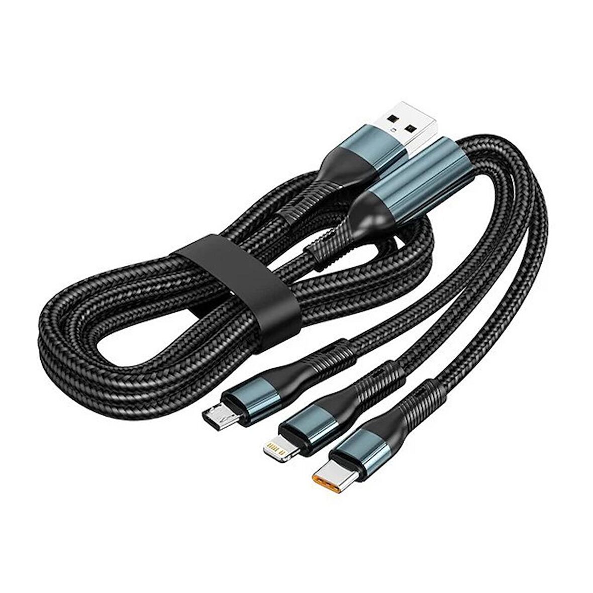 ScHitec 3in1 Lightning, Type-C, Micro Çıkışlı Örgülü Hızlı Data ve Şarj Kablosu 1.2m Siyah 