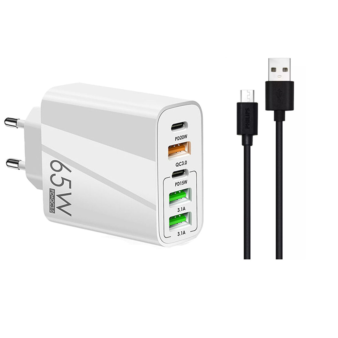 ScHitec 120W 3 Type-C + 2 UsbA Toplam 5 Çıkışlı Philips 3A 45W UsbA to Micro Kablolu Şarj Aleti Beyaz SR104