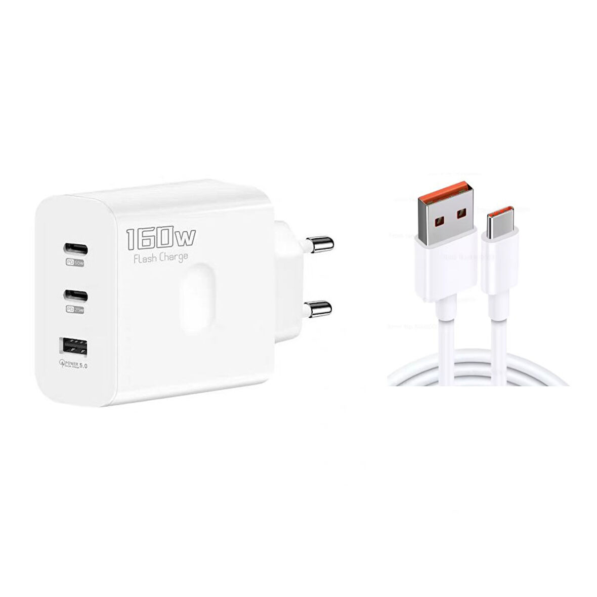 ScHitec 160W 2xType-C + UsbA Quick Charger 5.0 Teknolojili Ev Tipi 3 Çıkışlı 6A 120W UsbA to Type-C Kablolu Şarj Aleti
