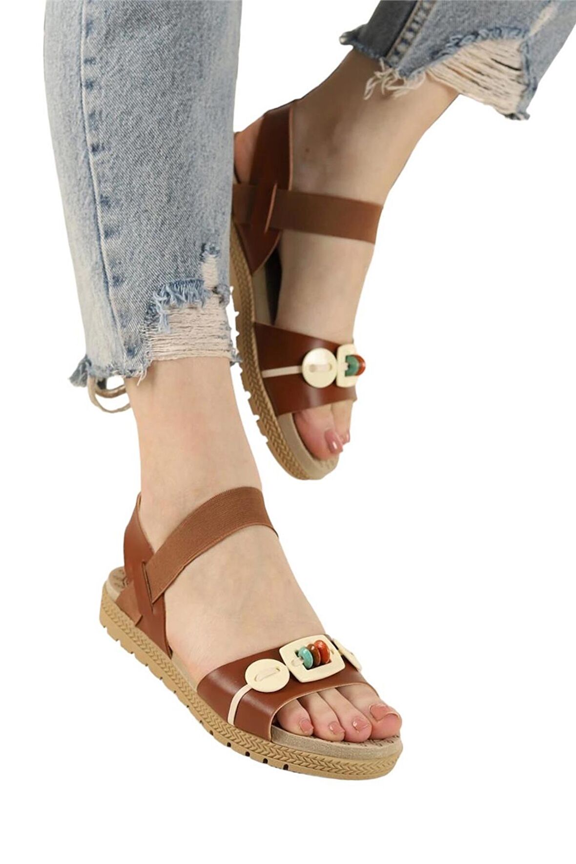 Lastikli Boncuk Detaylı Günlük Kadın Sandalet TABA