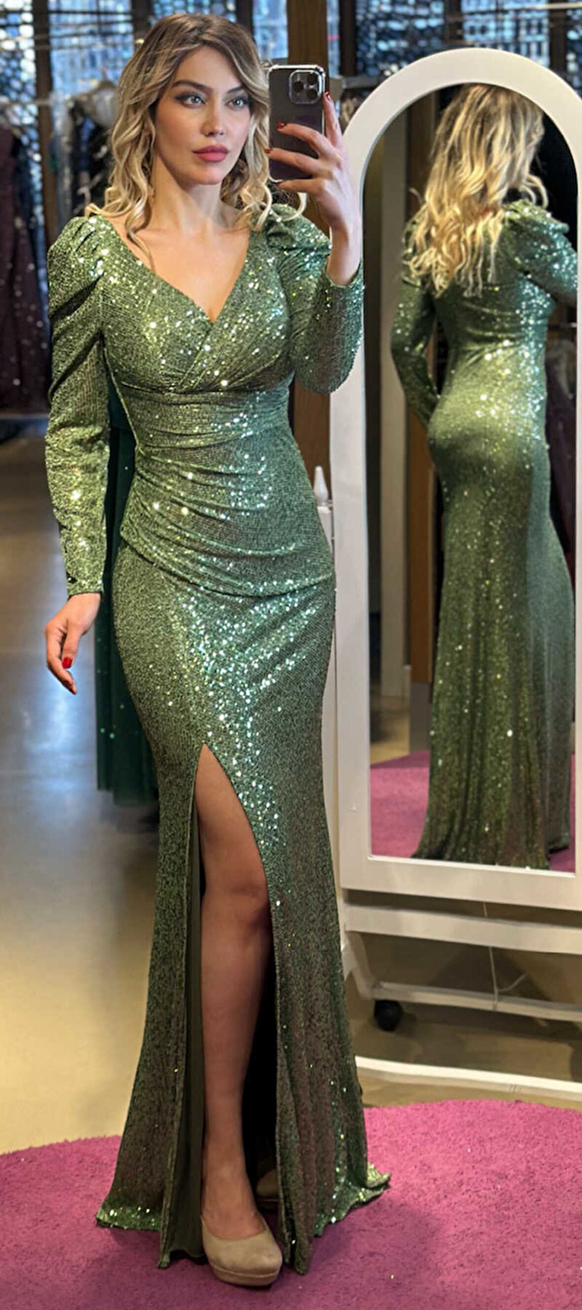 Açık Yeşil  Uzun Kollu Yırtmaçlı Düz Kesim Payet Uzun Abiye Elbise 7321