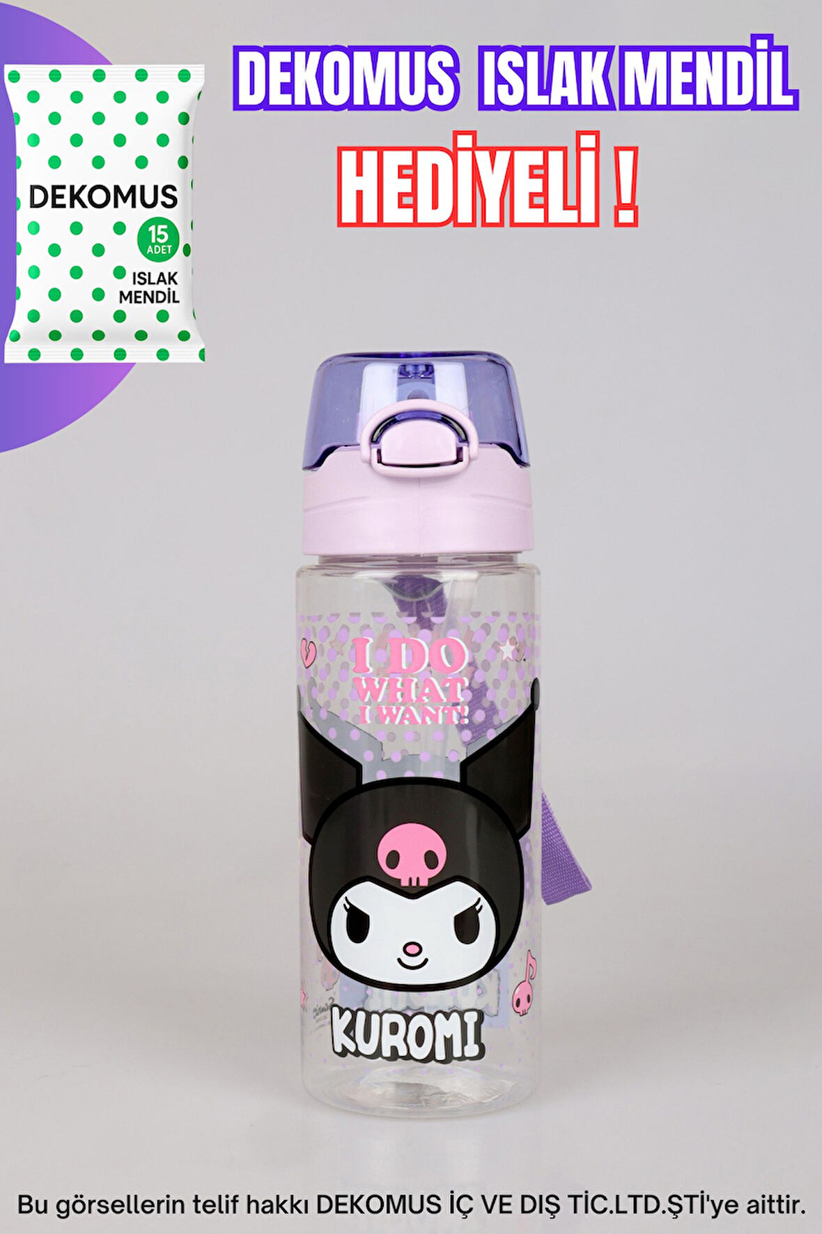 "DEKOMUS ISLAK MENDİL HEDİYELİ" YENİ SEZON LİSANSLI KUROMI TRITAN MATARA 500 ML 