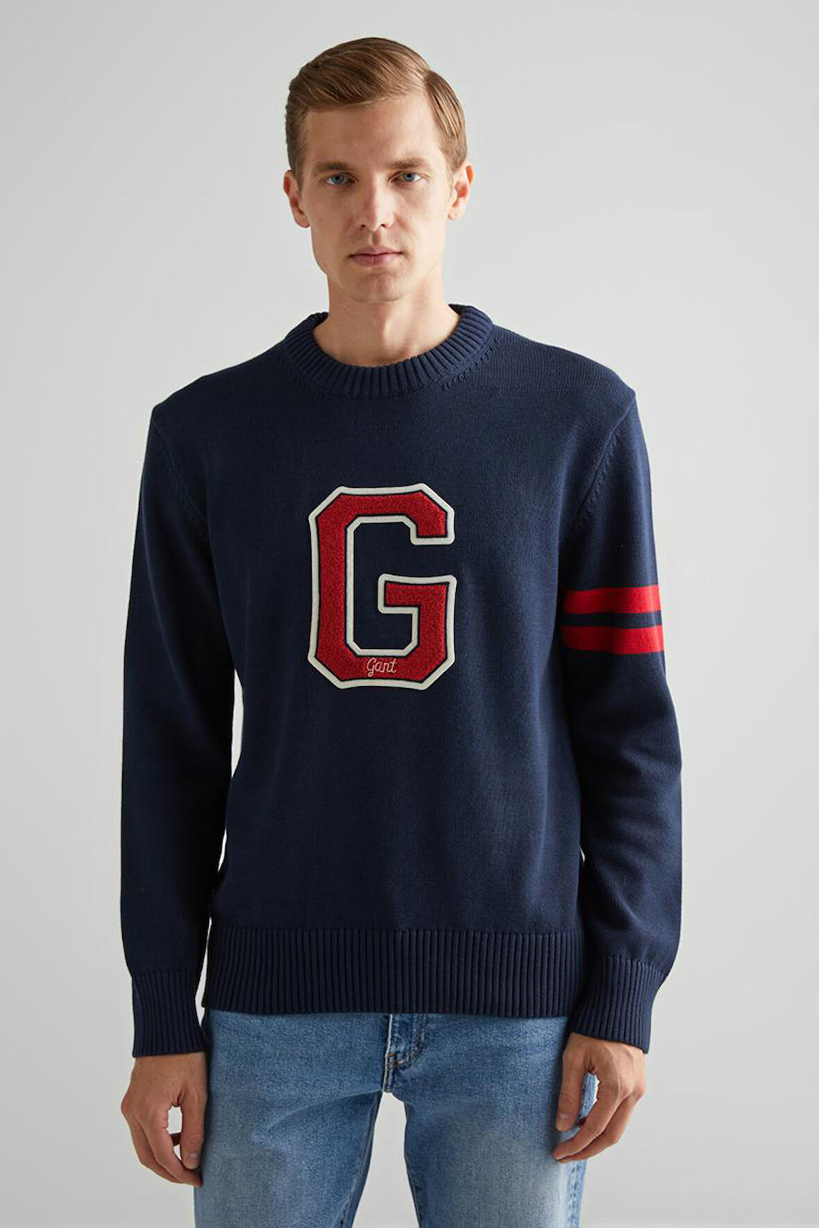 Erkek Relaxed Fit Bisiklet Yaka Logolu Kazak - Lacivert | M