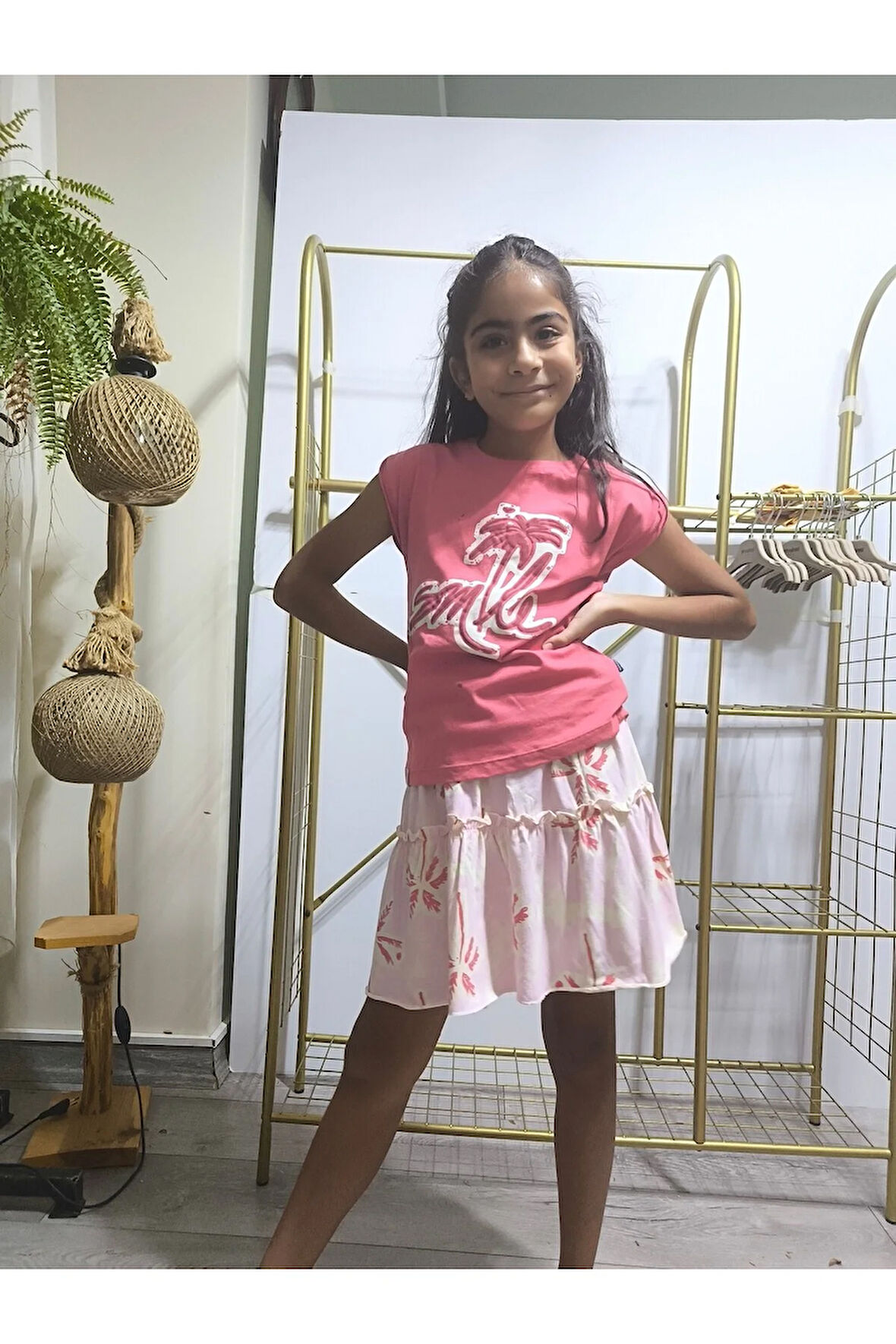 Kız Çocuk Etekli Tişörtlü Takım Pamuklu Palmiyeli