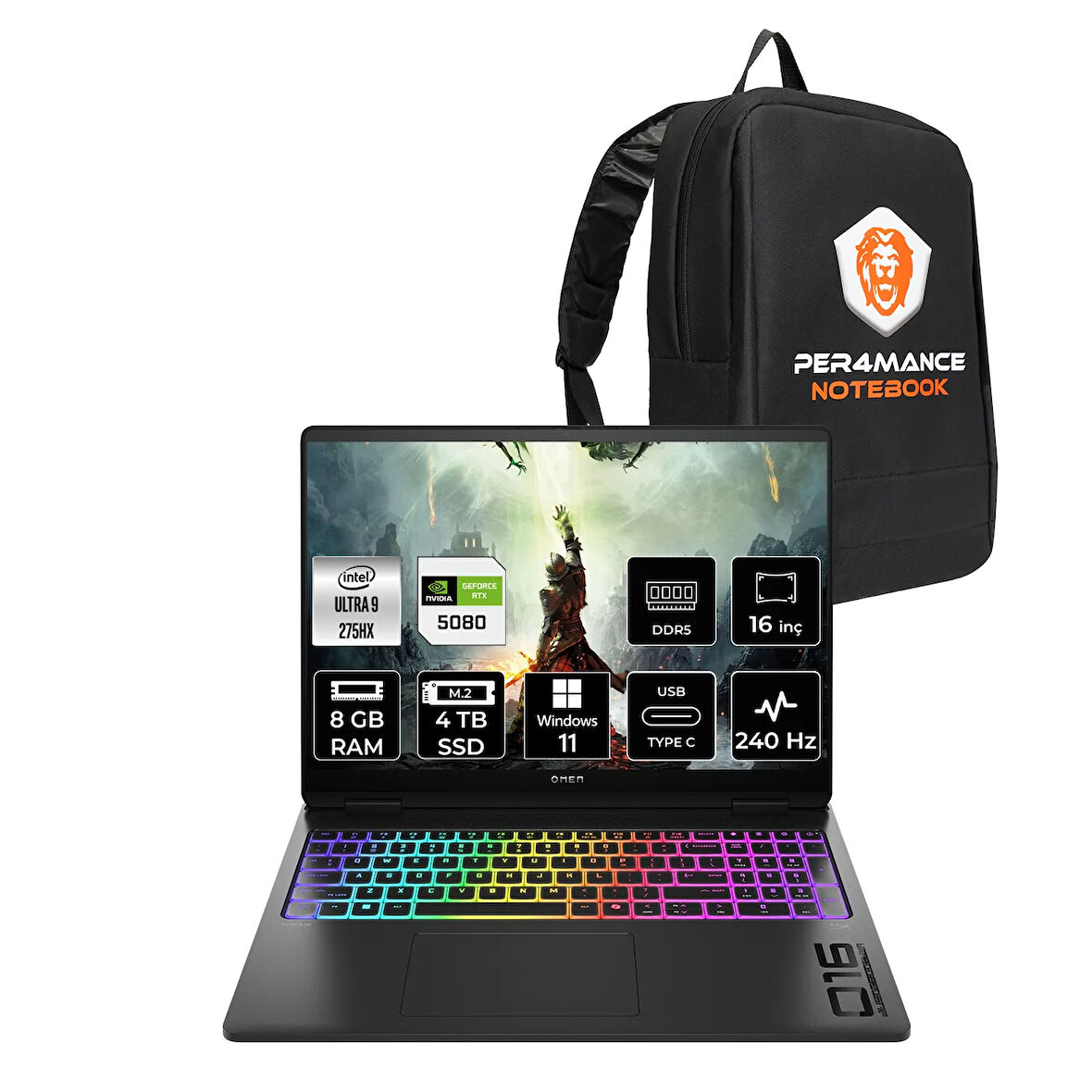 HP OMEN Max 16 Ultra 9 275HX 8GB 4TB SSD RTX5080/16GB 16'' 240Hz WQXGA W11H Gaming Laptop & ÇANTA