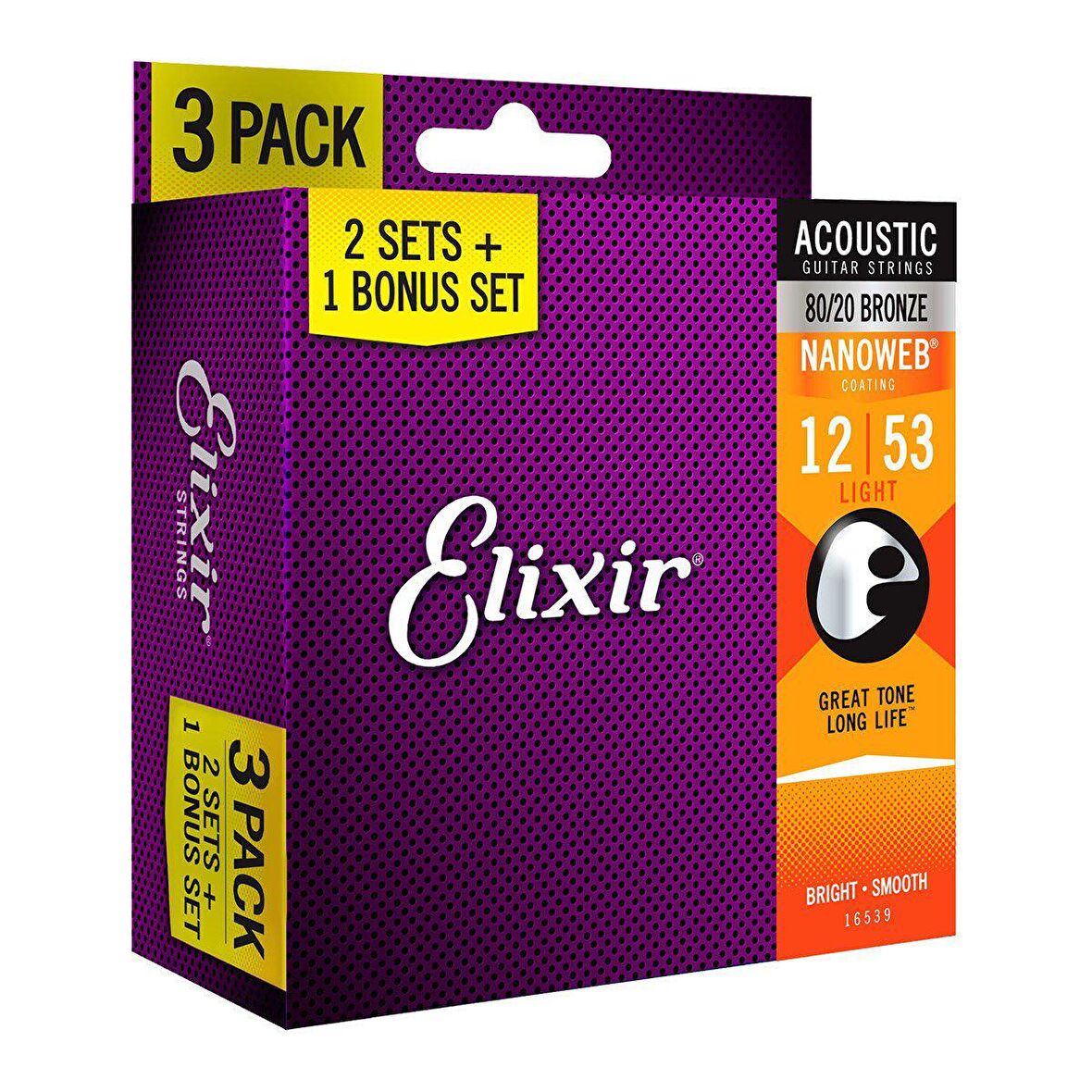 Elixir 12-53 Nanoweb 80/20 Bronze Ekonomik 3'lü Set Akustik Gitar Teli (16539)