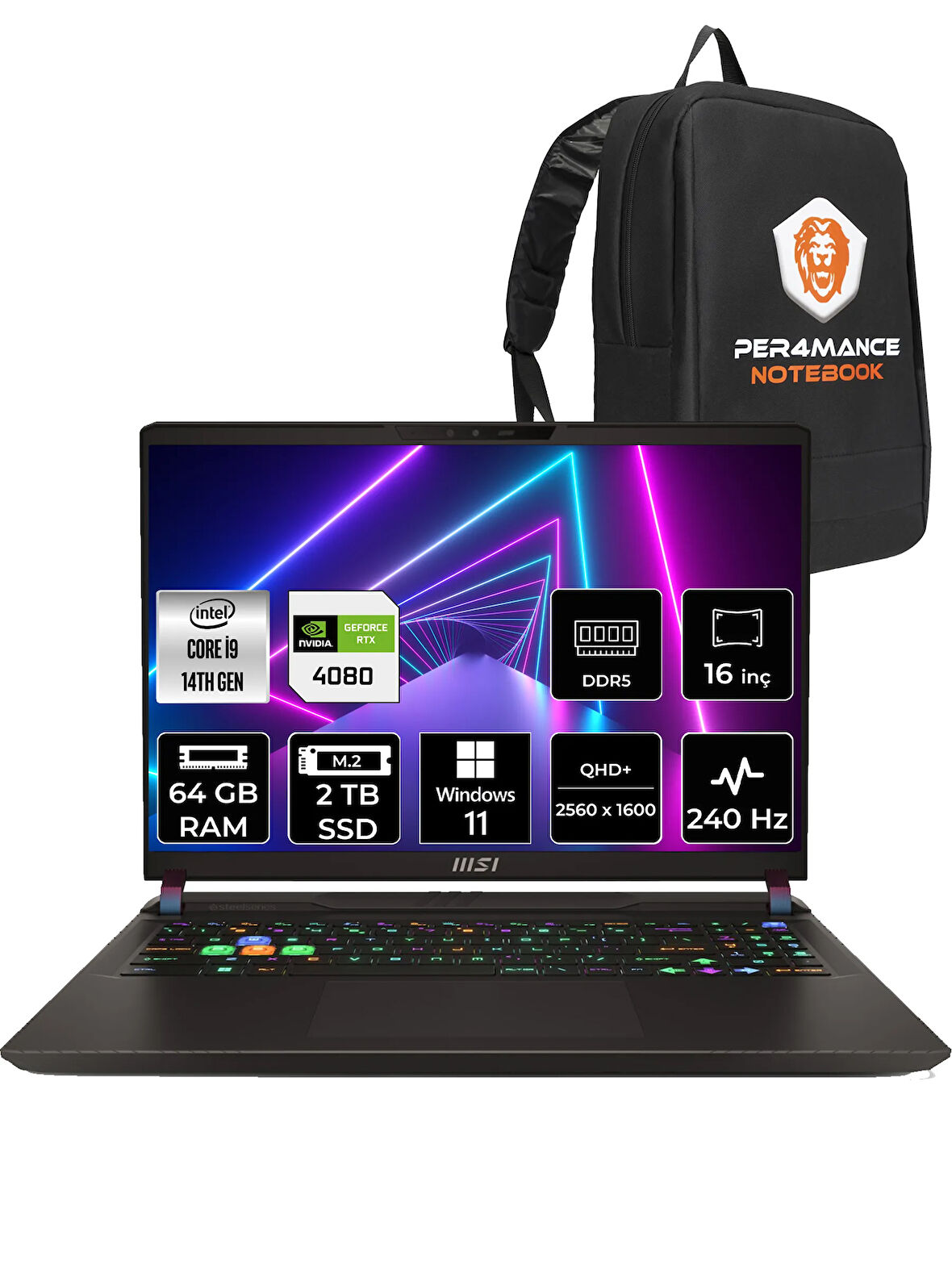 MSI Vector 16 i9-14900HX 64GB 2TB SSD RTX4080/12GB 16" QHD+ 240HZ W11P A14VHG-497XTR & PER4 ÇANTA