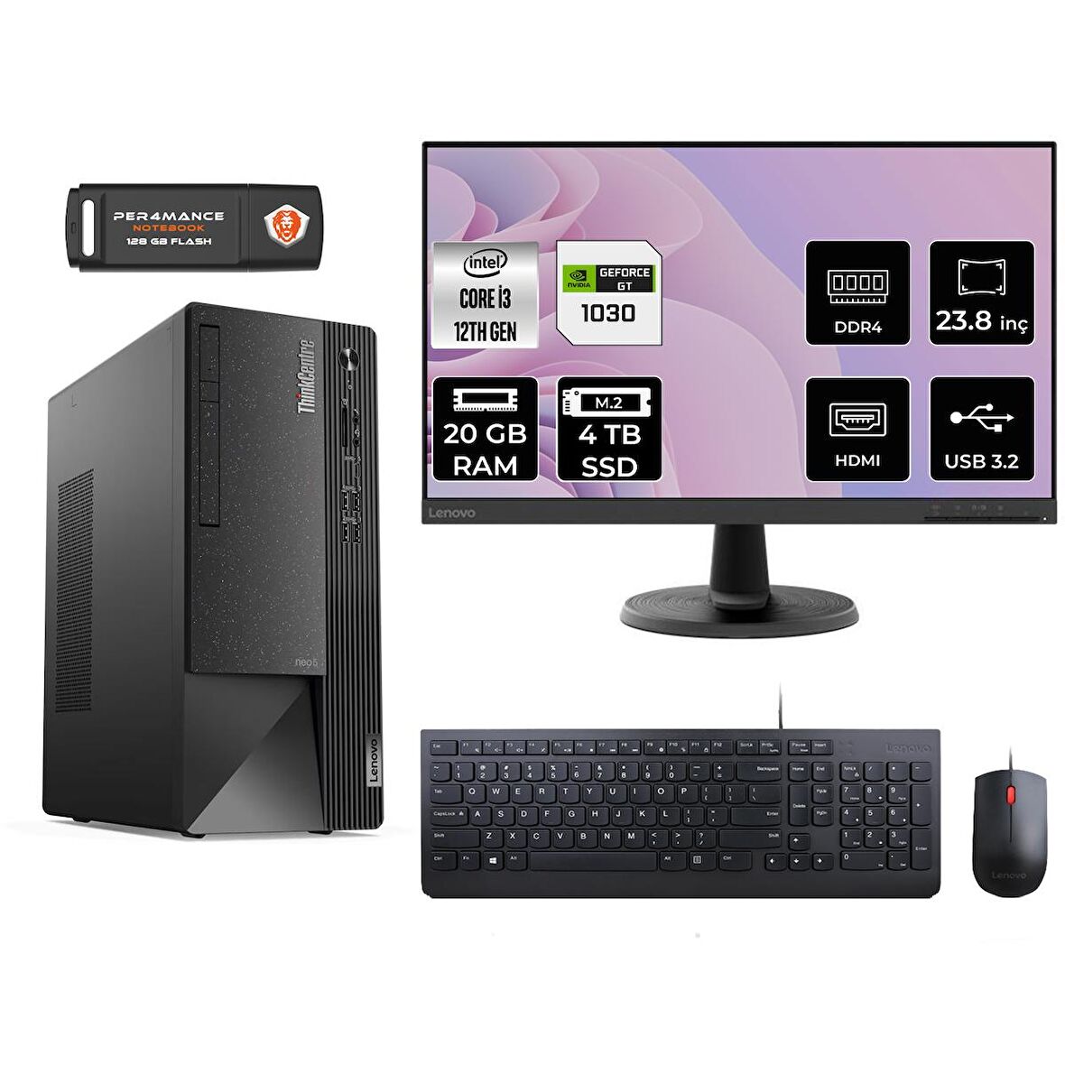 Lenovo ThinkCentre Neo 50T i3 12100 20GB 4TB SSD GT1030/4GB FDOS 11SC001ATX MASAÜSTÜ PC & 23.8" MONİTÖR
