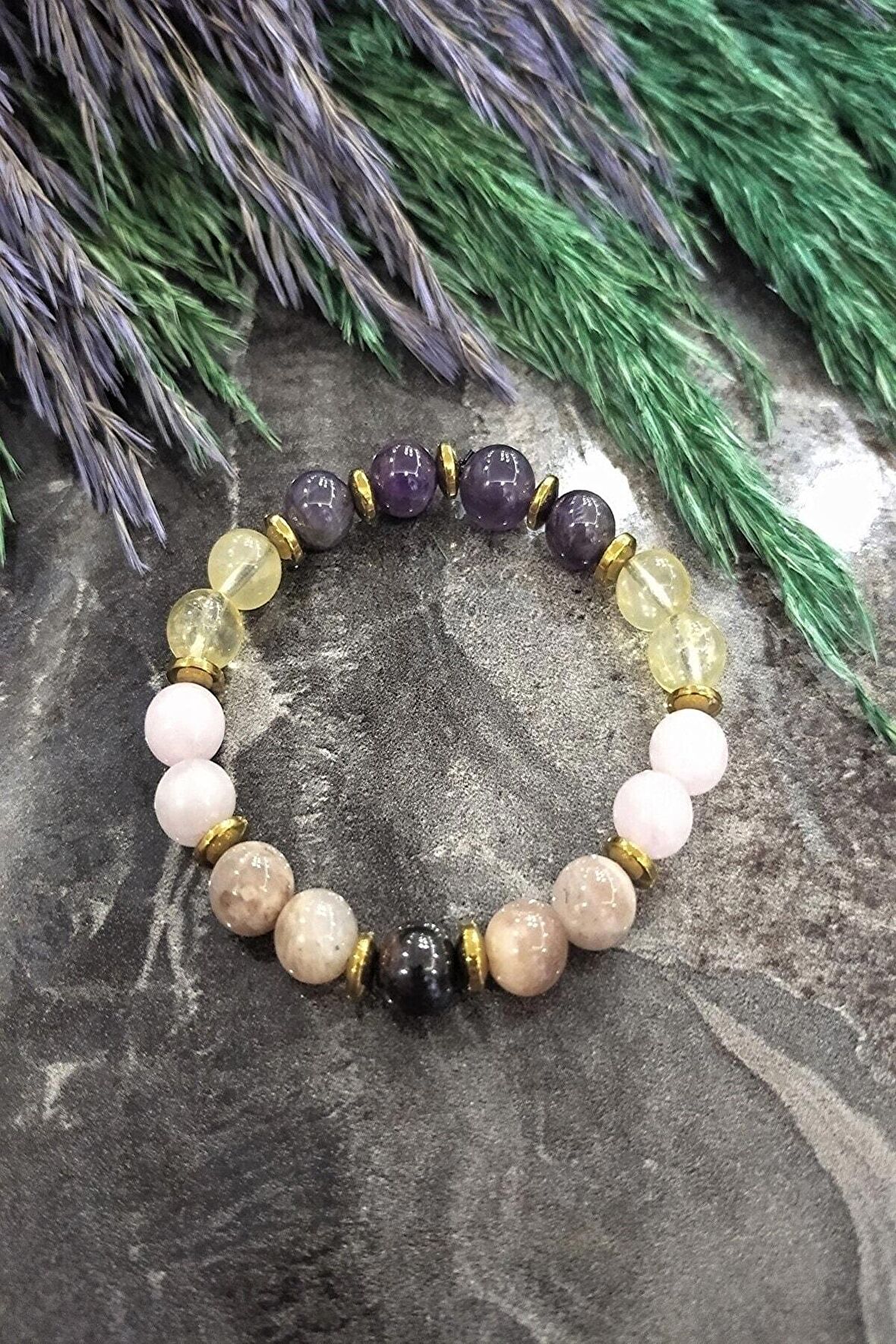 Turmalin, Güneş Ametist, Dönüşümlü Sitrin, Pembe Kuvars, Hematit Doğal Taş Bileklik 8 Mm
