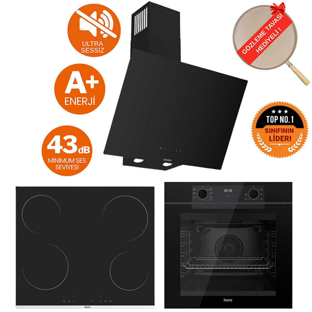 Ferre FryArt &FlowArt Avena Sessiz Davlumbaz Elektrikli Siyah Ank. Set (D077-SA + MS261 + QEP63CS)