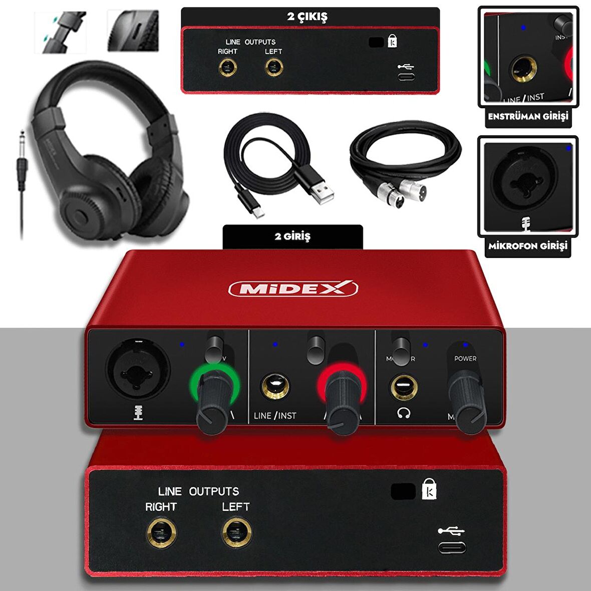 Midex GLX-500 PRO-HD 2 Giriş 2 Çıkış USB Stüdyo Ses Kartı Kulaklık ve XLR Kablo
