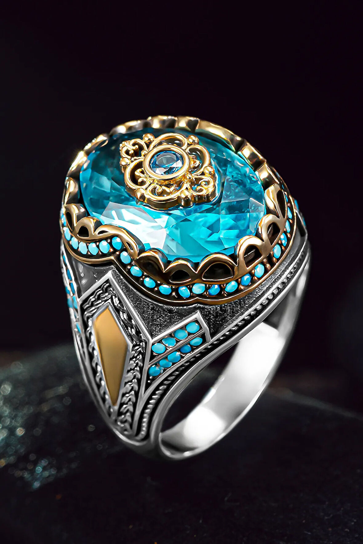 Erkek Gümüş Yüzük - Akuamarine Mavi Zirkon Taşlı 925 Ayar Erkek Yüzük