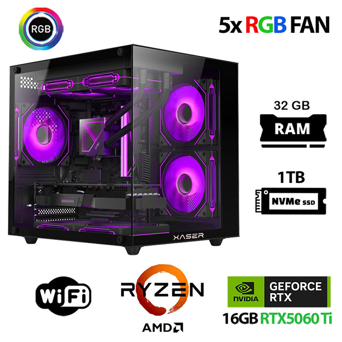 Xaser Eco X240 Ryzen 5 7500F 32GB DDR5 Ram 1TB M.2 NVMe SSD 16GB RTX5060Ti Oyuncu Masaüstü Bilgisayarı