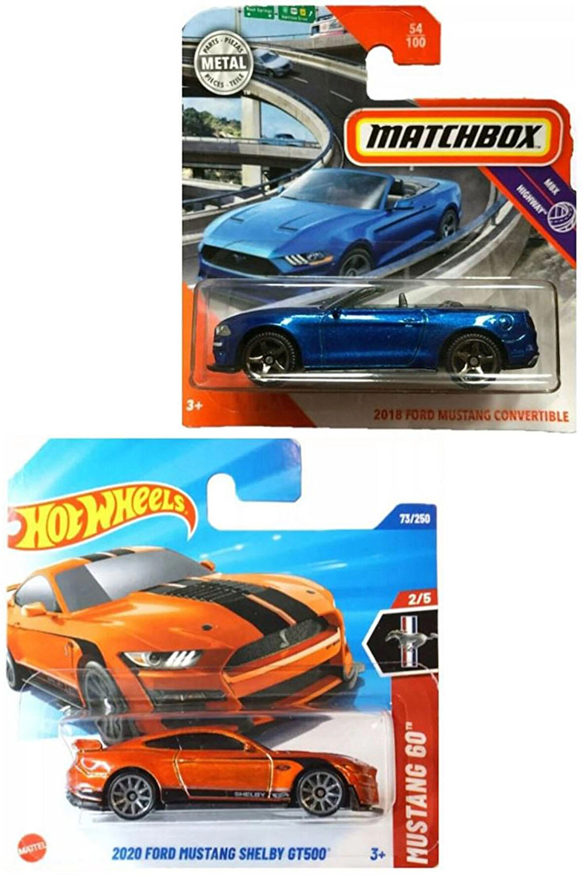 2 Araç Mustang Set - Hot Wheels 2020 Ford Mustang Shelby GT500 & Matchbox 2018 Ford Mustang Convertible (1/64)