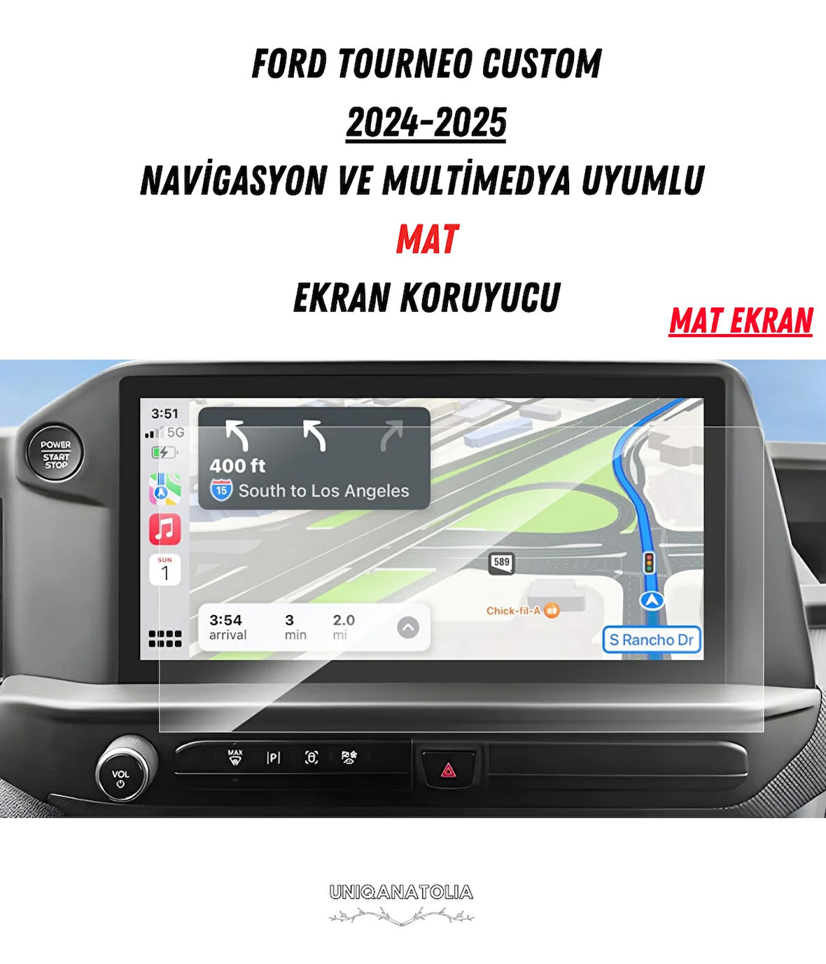 Ford Tourneo Custom 2024-2025 Navigayon ve Multimedya Uyumlu Mat Ekran Koruyucu