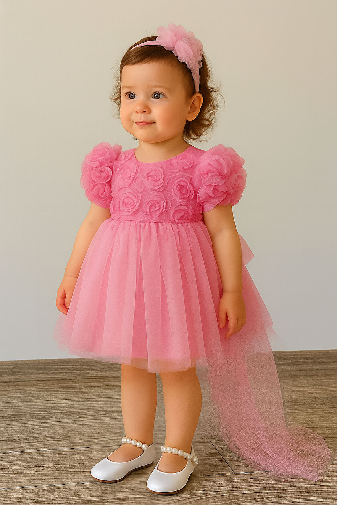 Kız Bebek Pembe Elbise Kısa Kollu Fiyonklu Doğum Günü Parti Düğün Özel Gün Tüllü Astarlı Prenses Parti Elbise