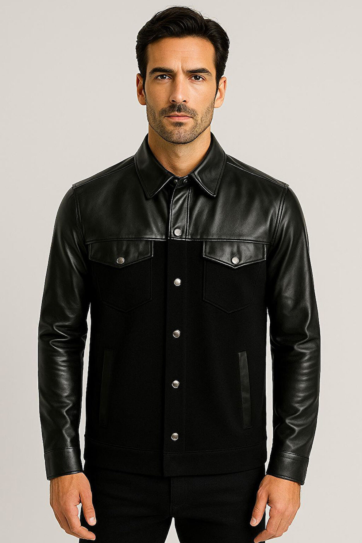 Erkek Gömlek Suni Deri ve Triko Karışımlı (Overshirt) Siyah 7348